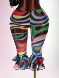Women Summer Multi-Color Print Mesh See-Through Sexy Ruffle Shorts