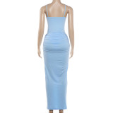 Women Summer Solid Spaghetti Strap Sexy Slit Sash Bodycon Dress
