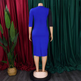 Women Plus Size African Color Block 3/4 Sleeve Bodycon Dress