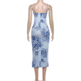 Women Summer Sexy Sleeveless Spaghetti Strap Irregular Print Dress