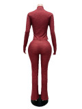 Women Stand Collar Stretch Long Sleeve Thumb Hole Top & Pants Two Piece Set