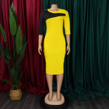 Women Plus Size African Color Block 3/4 Sleeve Bodycon Dress