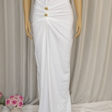 Women White Formal Party Cross Halter Neck Cold Shoulder Ruched Bodycon Mermaid Maxi Dress
