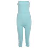 Women Summer Sleeveless Sexy Strapless Backless Solid 3/4 Length Jumpsuit