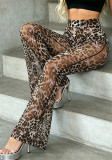 Women Sexy Leopard Butterfly Print Mesh See-Through Bell Bottom Pants