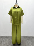 Women Plus Size African Summer Short Sleeve Turndown Collar Striped Shirt & Pants Two Piece Set