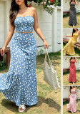 Women Holidays Floral Strapless Pleated Top & Mermaid Skirt Two Piece Set