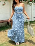 Women Holidays Floral Strapless Pleated Top & Mermaid Skirt Two Piece Set