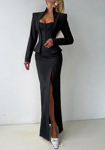Women Autumn Stand Collar Top & Slit Sexy Midi Skirt Two Piece Set
