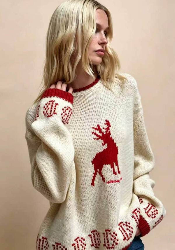 Women Autumn Winter Round Neck Long Sleeve Top Sweater