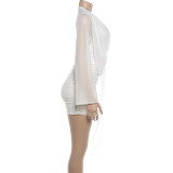 Women Summer Solid Long Sleeve Cutout Mesh Bodycon Dress