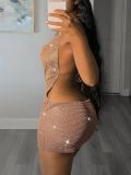 Women Sexy Fishnet See-Through Backless Halter Neck Dress