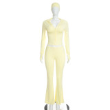 Women Autumn Winter Headband Hooded Long Sleeve Zip Top & Bell Bottom Pants Three-Piece Set