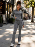 Women Stand Collar Stretch Long Sleeve Thumb Hole Top & Pants Two Piece Set
