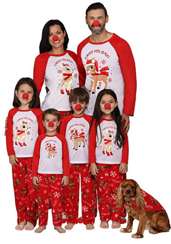 Family Wear Christmas Cartoon Deer Print Long Sleeve Top & Pants Pajama Set