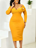 Women Plus Size Off Shoulder Long Sleeve Bodycon Dress