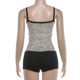 Women Summer Sexy Backless Top & Color Block Leopard Print Shorts Two Piece Set