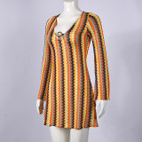 Women Autumn Yarn-Dyed Striped V Neck Bell Bottom Long Sleeve Bodycon Dress