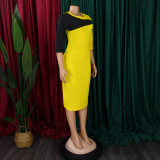 Women Plus Size African Color Block 3/4 Sleeve Bodycon Dress