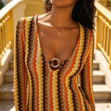 Women Autumn Yarn-Dyed Striped V Neck Bell Bottom Long Sleeve Bodycon Dress