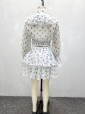 Women African Rhinestone Embellished Long Sleeve Polka Dot Top & Skirt Two Piece Set