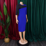 Women Plus Size African Color Block 3/4 Sleeve Bodycon Dress