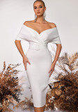 Women White Off Shoulder Belted Formal Party Bodycon Dress
