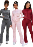 Women Stand Collar Stretch Long Sleeve Thumb Hole Top & Pants Two Piece Set
