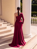 Women One Shoulder Long Sleeve Side Slit Formal Party Ruched Mermaid Maxi Dress