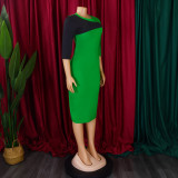 Women Plus Size African Color Block 3/4 Sleeve Bodycon Dress