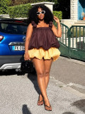 Women Bud Ruched Spaghetti Strap Top & Puffy Shorts Two Piece Set