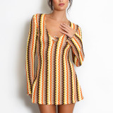Women Autumn Yarn-Dyed Striped V Neck Bell Bottom Long Sleeve Bodycon Dress