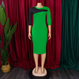 Women Plus Size African Color Block 3/4 Sleeve Bodycon Dress