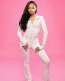 Women Stand Collar Stretch Long Sleeve Thumb Hole Top & Pants Two Piece Set