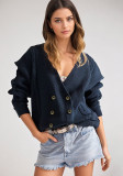 Women Autumn Winter Solid V Neck Long Sleeve Button Knitting Sweater