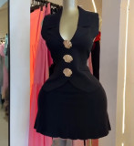 Women V Neck Metal Button Sleeveless Top & Pleated Skirt Two Piece Set