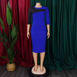 Women Plus Size African Color Block 3/4 Sleeve Bodycon Dress