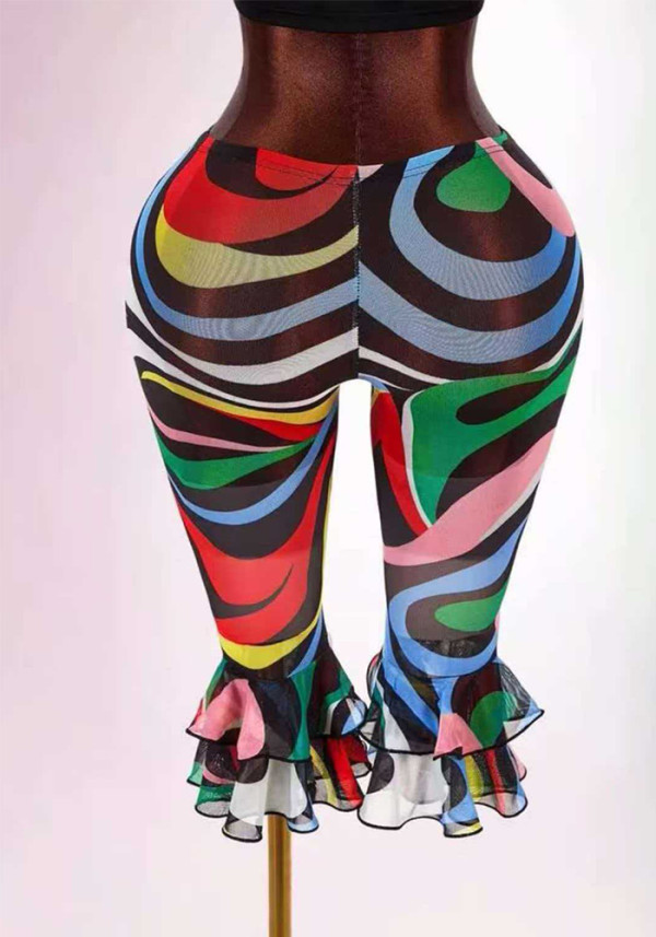 Women Summer Multi-Color Print Mesh See-Through Sexy Ruffle Shorts