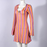 Women Autumn Yarn-Dyed Striped V Neck Bell Bottom Long Sleeve Bodycon Dress