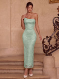 Women Strapless Embroidered Mesh Mermaid Slit Formal Party Bodycon Dress