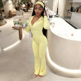 Women Autumn Winter Headband Hooded Long Sleeve Zip Top & Bell Bottom Pants Three-Piece Set