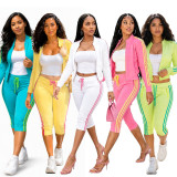 Women Zip Pocket Drawstring Striped Patchwork Top & Shorts Two‑Piece Set