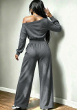 Women Autumn‑Winter Slash‑Shoulder Top & Pocket Wide‑Leg Pants Two‑Piece Set