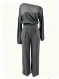 Women Autumn‑Winter Slash‑Shoulder Top & Pocket Wide‑Leg Pants Two‑Piece Set
