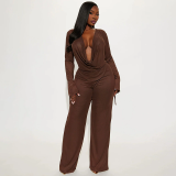Women Fall/Winter V-Neck Ruffle Edge Cuff Lace-Up See-Through Top and Bell Bottom Pants