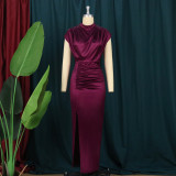 Plus Size Women’s Round Neck Sleeveless Slim Fit High Waist Ruched Split Elegant Formal Party Dress