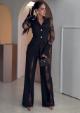 Women’s Spring Summer Fashion Lace Patchwork Cutout Low Back Blazer and Pants Two-Piece Set