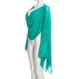 Women’s Fall Solid Color Mesh Sexy Deep V Neck Ruched Irregular Long Sleeve Pants Set