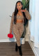 Women’s Leopard Print Long Sleeve Top Short Vest Slim Fit Capri Pants Three-Piece Set