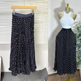 Women’s Classic Fashion Pleated Polka Dot High Waist A-Line Maxi Skirt